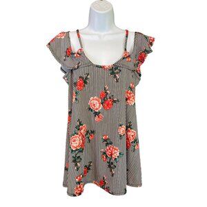 First Love Ruffle Tank Top L Black White Floral Stripe Red Roses Boho Summer Y2K
